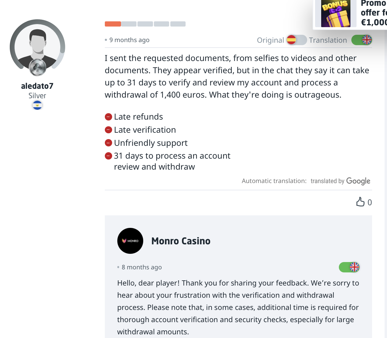 Kritische Monro Casino Bewertung von aledato7 auf Casino Guru zu Verifizierung und Auszahlung