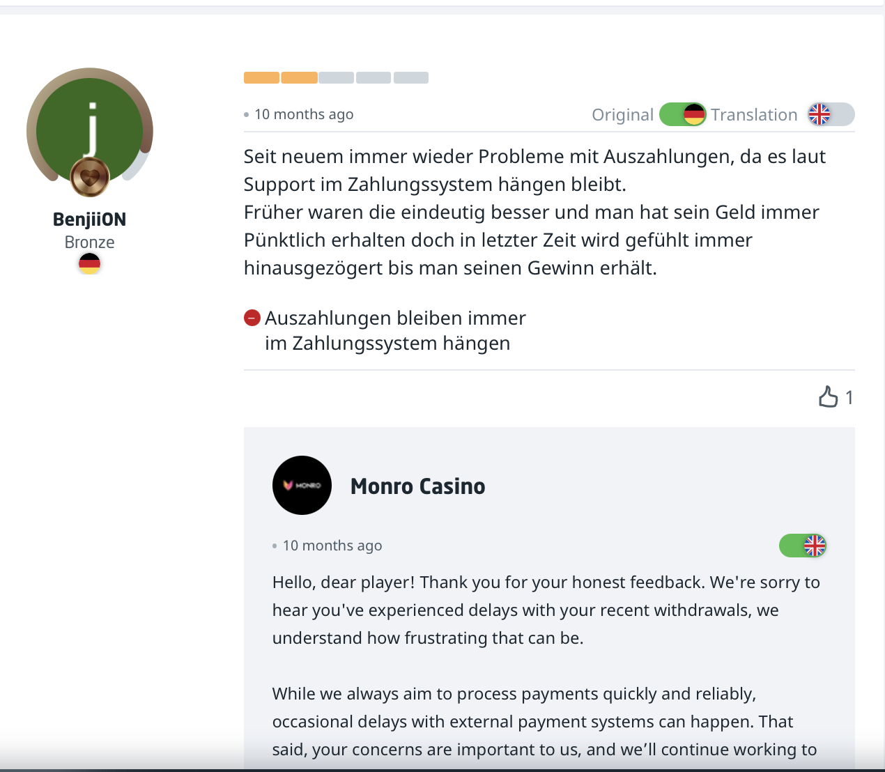 Monro Casino Erfahrung von BenjiiON auf Casino Guru zu Auszahlungsverzögerungen