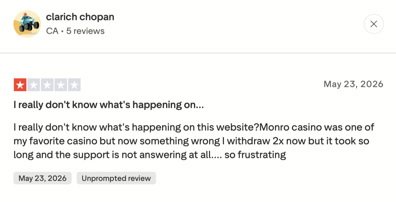 Monro Casino Trustpilot Bewertung von clarich chopan mit 1 Stern zu Auszahlung und Support