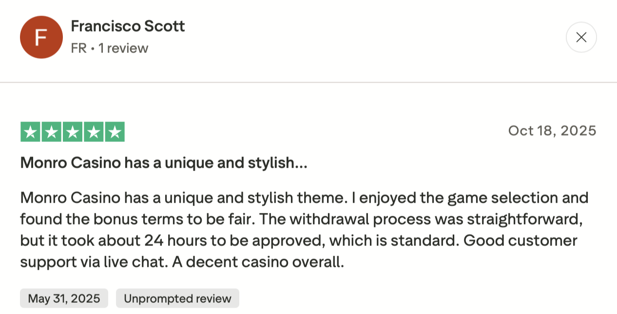 Monro Casino Trustpilot Bewertung von Francisco Scott mit 5 Sternen