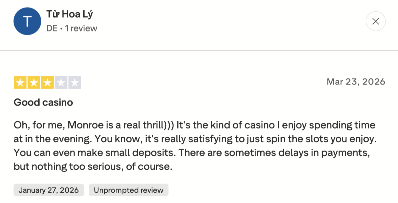 Monro Casino Trustpilot Bewertung von Từ Hoa Lý mit 3 Sternen zu kleinen Einzahlungen und Zahlungsverzögerungen