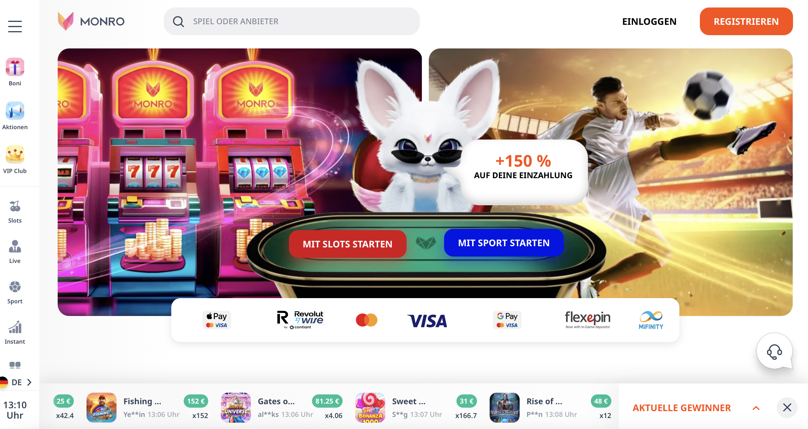 Startseite des Monro Casino mit Maskottchen, Willkommensbonus und Spielauswahl