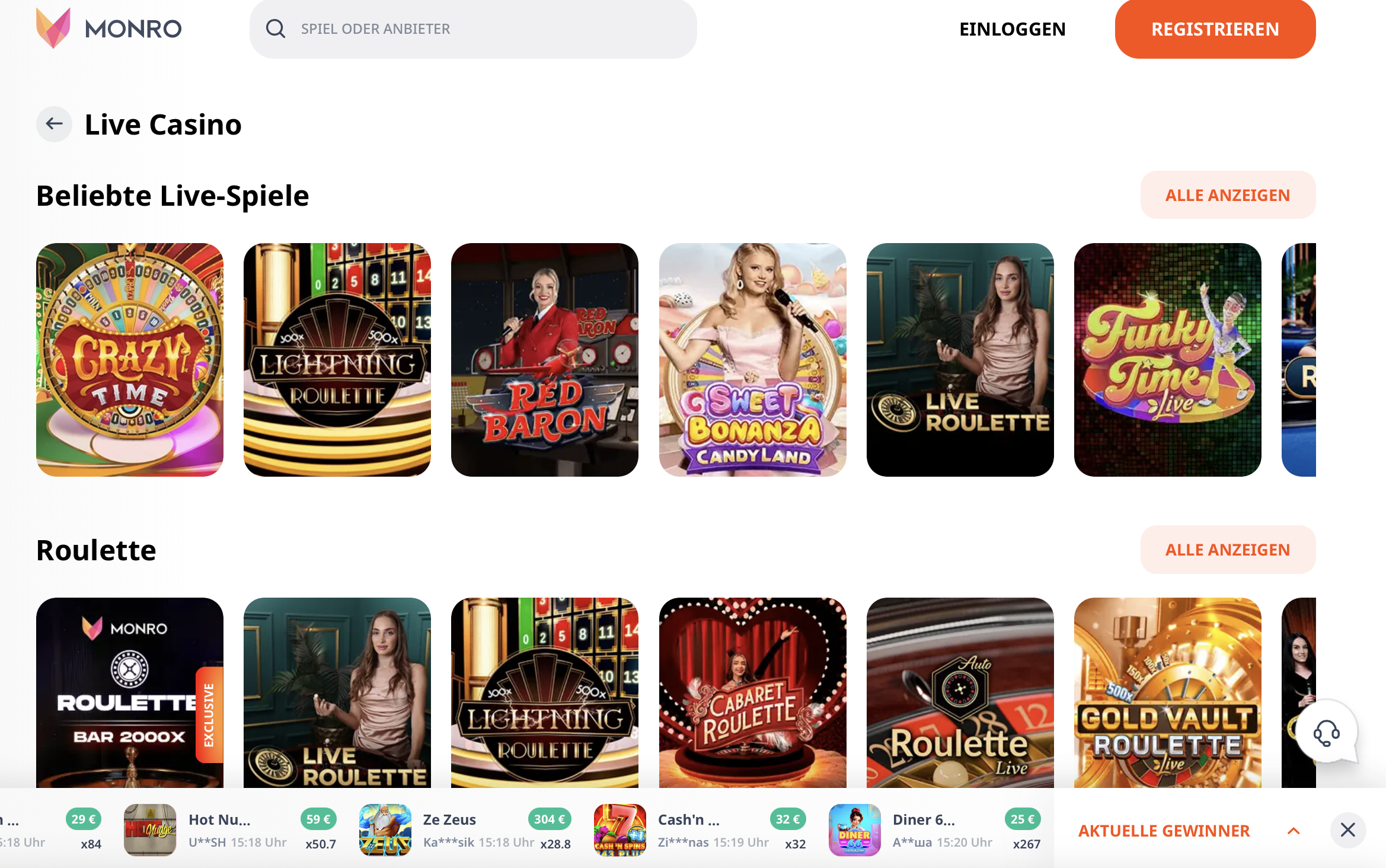 Live-Casino im Monro Casino mit Roulette- und Blackjack-Tischen und echten Dealern