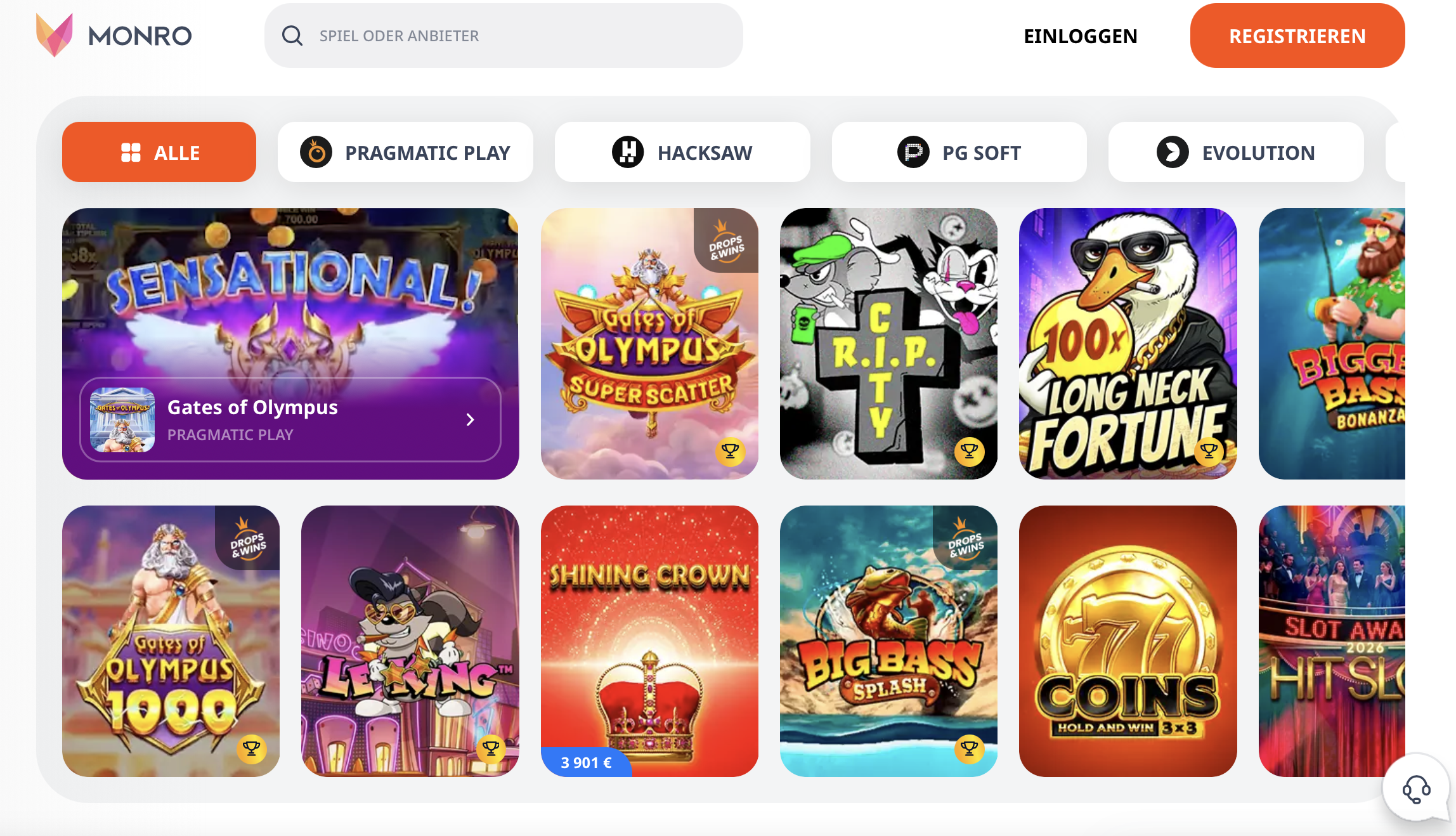 Spielbibliothek im Monro Casino mit Slots von Pragmatic Play, Play’n GO und weiteren Anbietern
