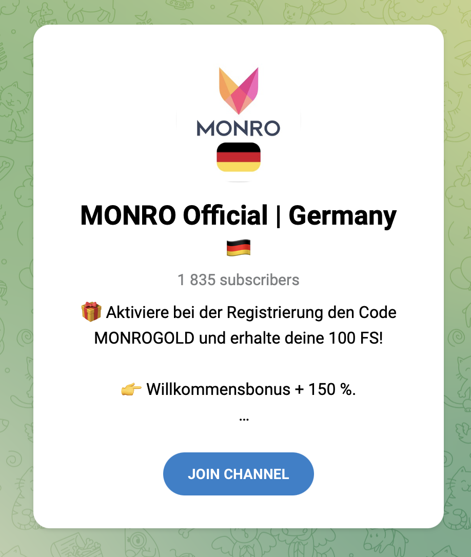 Telegram-Kanal MONRO Official Germany mit Bonuscode MONROGOLD für 100 Freispiele